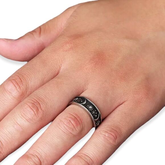 Silver Antiqued Stars Moon Adjustable Cuff Ring Jewelry NEW - Picture 3 of 4